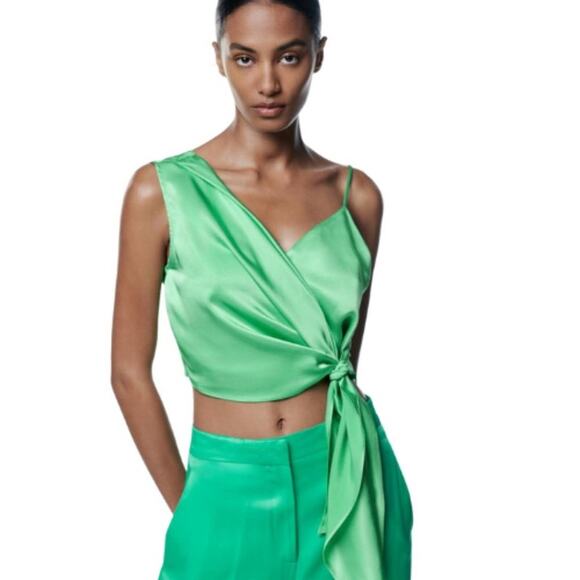 Zara Satin Asymmetric Top Intense Green NWT Size XS - Picture 1 of 5